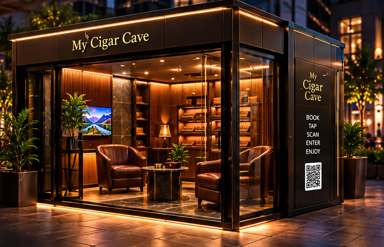 A My Cigar Cave private lounge glowing at night, leather club chairs and a cedar humidor behind the glass
