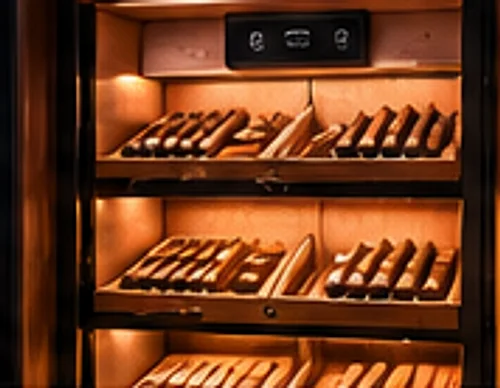 Cigars resting on lit cedar humidor shelves