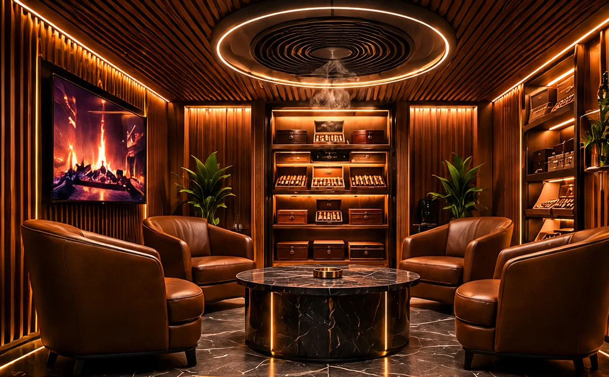 Inside a Social Cave: leather chairs around a marble table under the ceiling extraction ring