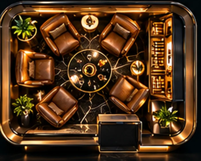 Social Cave floor plan: five club chairs around a central table, humidor along one wall