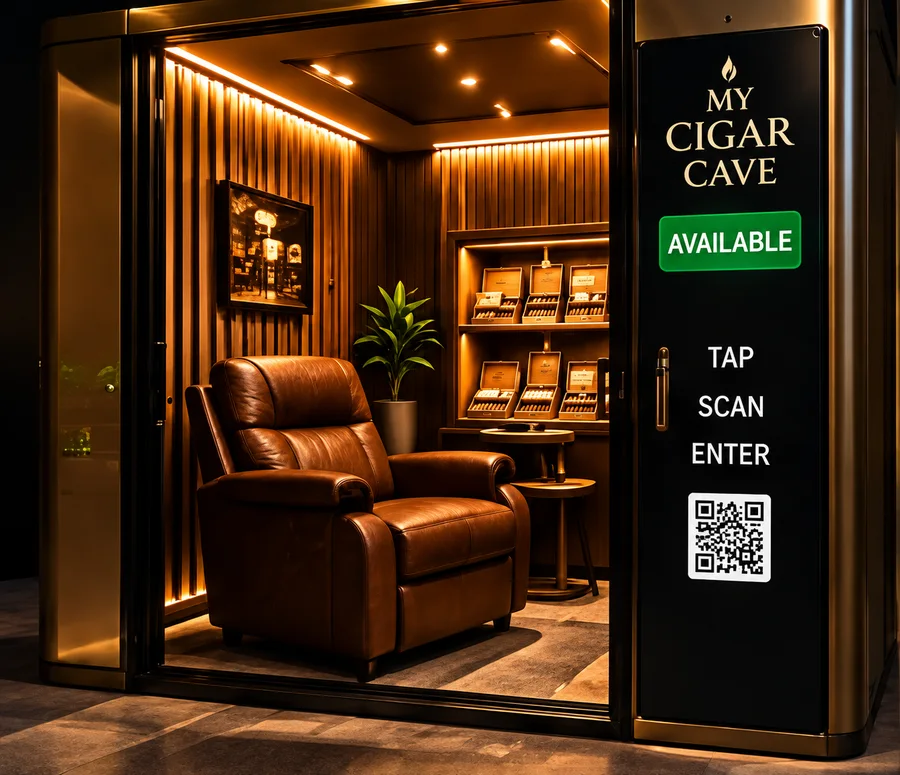Solo Cave with a recliner, humidor shelves and a door panel showing AVAILABLE