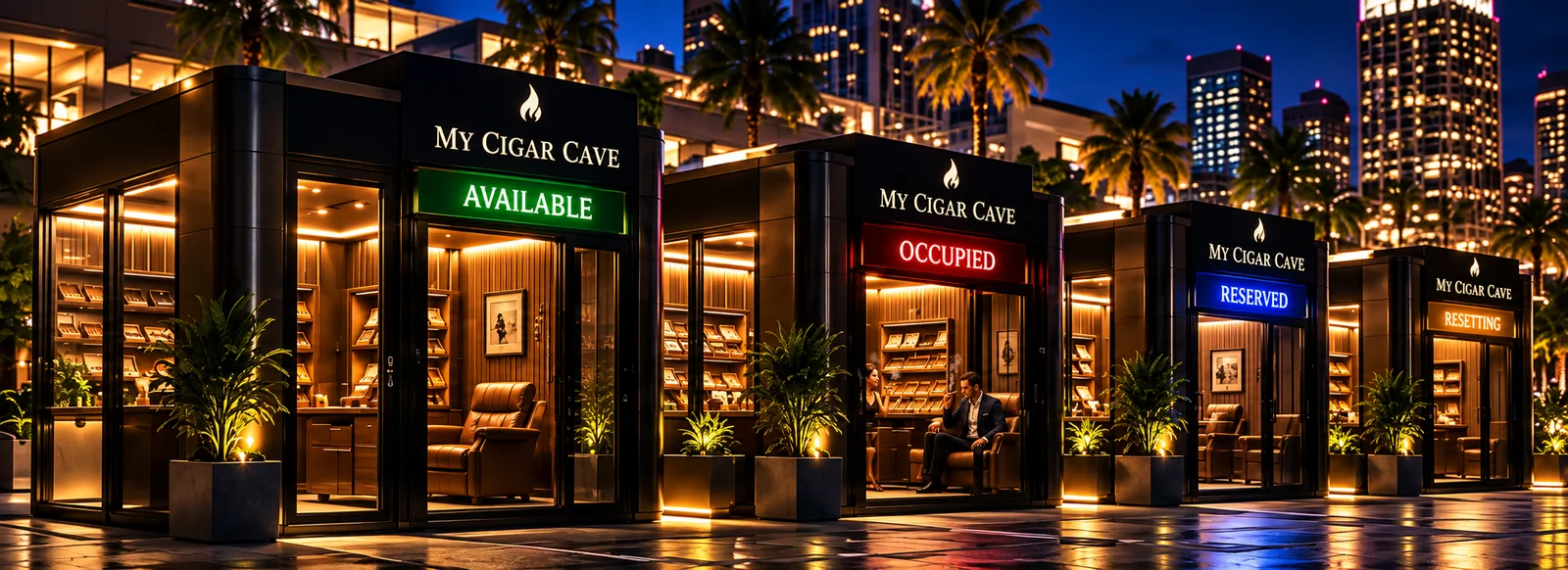 A row of Caves at night, showing available, occupied, reserved and resetting status signs