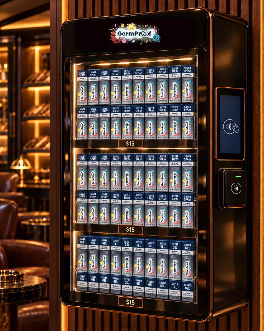 The GermProof vending machine inside a Cave, stocked with GermProof Silver Spray and Gel